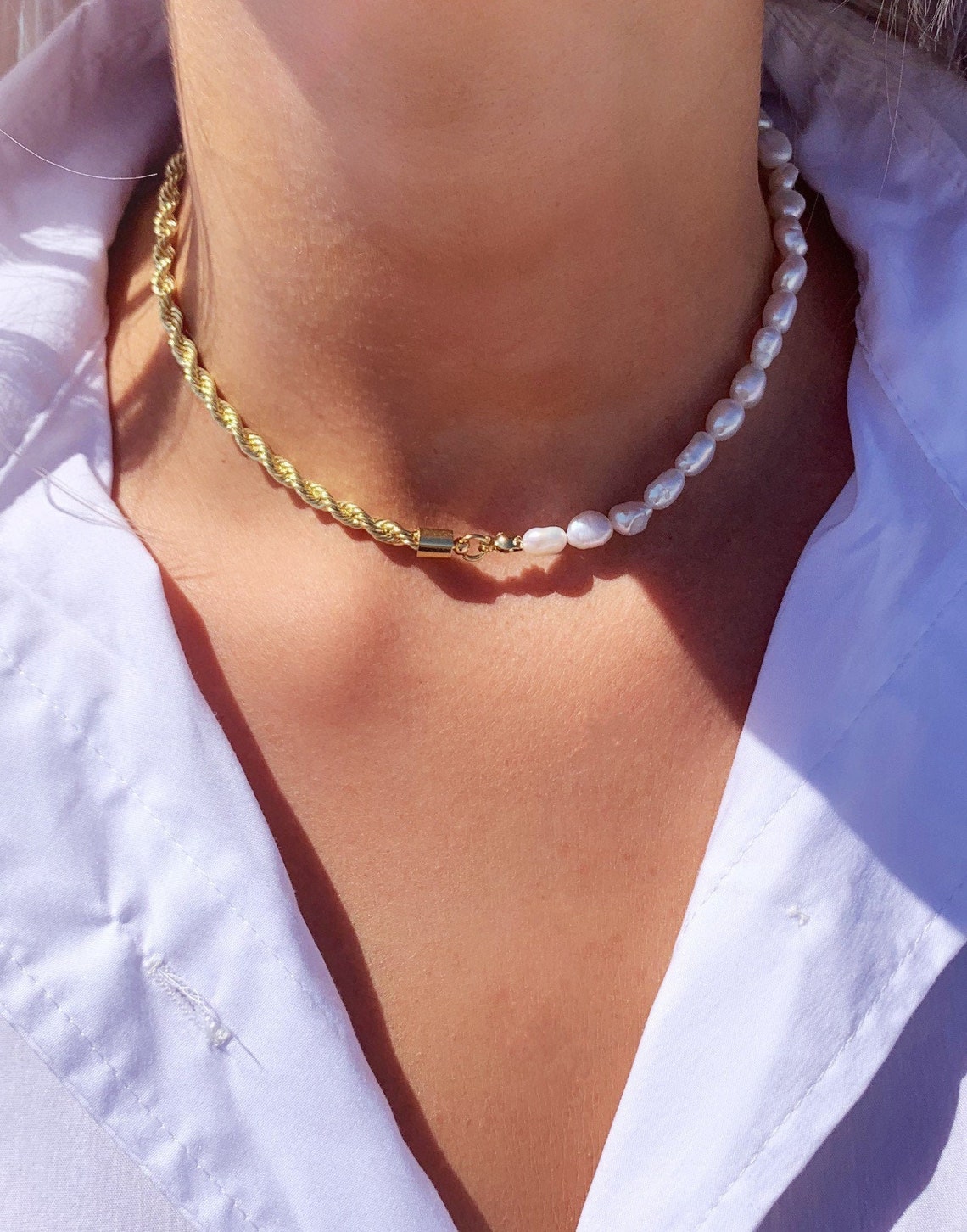18K Gold Half Pearl Half Rope Chain Choker Necklace Twist Etsy 18K Gold Half Pearl Half Rope Chain Choker Necklace Twist Etsy