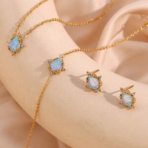 Waterdrop Blue Opal Necklace, Dainty Opal Earring, Opal Bracelet, Natural Blue Opal Pendant,18K GOLD PLATED