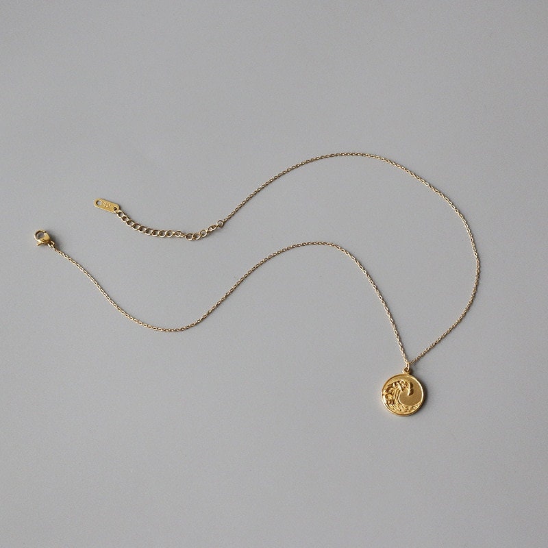 18k Gold Plated Wave Necklace Gold Circle Charm with Wave Etsy