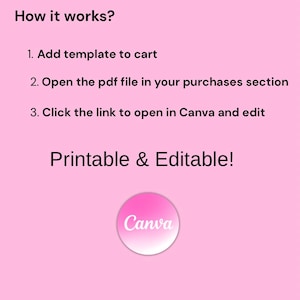 May include: Pink flyer with black text that reads "BOOKING FLYER." Instructions include adding a template to the cart, opening a PDF, and editing in Canva. The flyer also states "Printable & Editable!" and "EASILY EDIT IN CANVA."