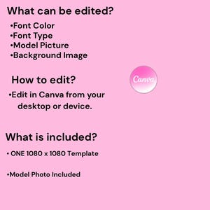 May include: Pink flyer with black text that says "BOOKING FLYER". The flyer lists editable features: font color, font type, model picture, and background image. It also includes instructions on how to edit in Canva and what is included.
