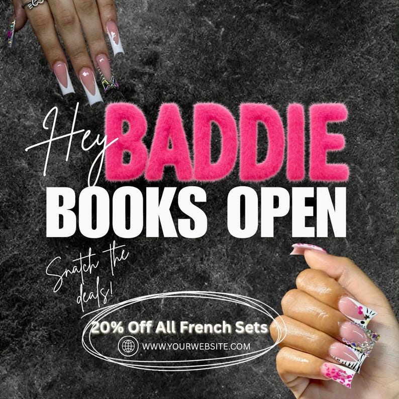 May include: An advertisement with the text "Hey Baddie Books Open" in white and pink. The ad also says "Snatch the deals!" and "20% Off All French Sets". The background is dark gray.