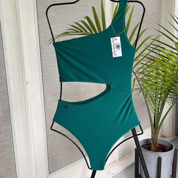Handmade One Shoulder One-Piece Swimsuit in Aqua Marine/Asymmetrical swimsuit/ Cheeky Bikini/Green Bodysuit/Aqua green Print reversible