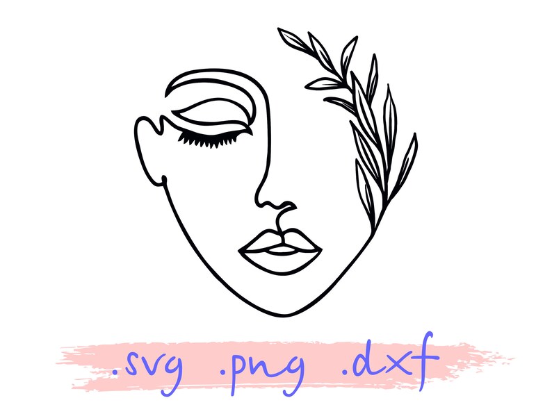 May include: Line art illustration of a woman's face with closed eyes and a branch of leaves on the right side of her face.