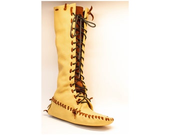 Handmade Leather Moccasin Boots - High Plains in Beige - Elkskin Buckskin - Hunting and hiking boots for women and men.
