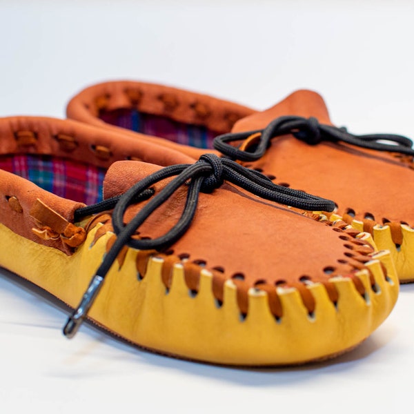 Leather Slippers -   Flannel lined elk and buckskin leather slippers men or women. Mens moccasins women or larp shoes.