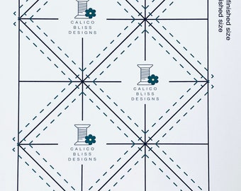 May include: A sewing pattern template with black lines and arrows on a white background. The template is for a 1.75 inch unfinished square, which will result in a 1.25 inch finished square. The template is labeled with the text "Calico Bliss Designs".