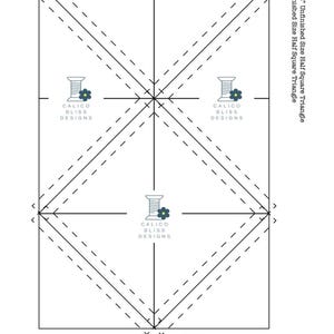 May include: Diagram showing how to sew a 2 1/2 inch unfinished half square triangle to create a 2 inch finished half square triangle. The diagram includes lines showing where to cut and sew the fabric. The diagram also includes the text "Calico Bliss Designs" with a sewing needle and thread logo.