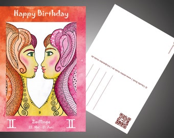 Geburtstagskarte - Happy - Birthday - Grußkarte - Sternzeichen - Zwillinge - Postkarte DIN A6