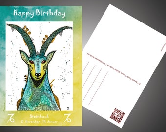 Geburtstagskarte - Happy - Birthday - Grußkarte - Sternzeichen - Steinbock - Postkarte DIN A6