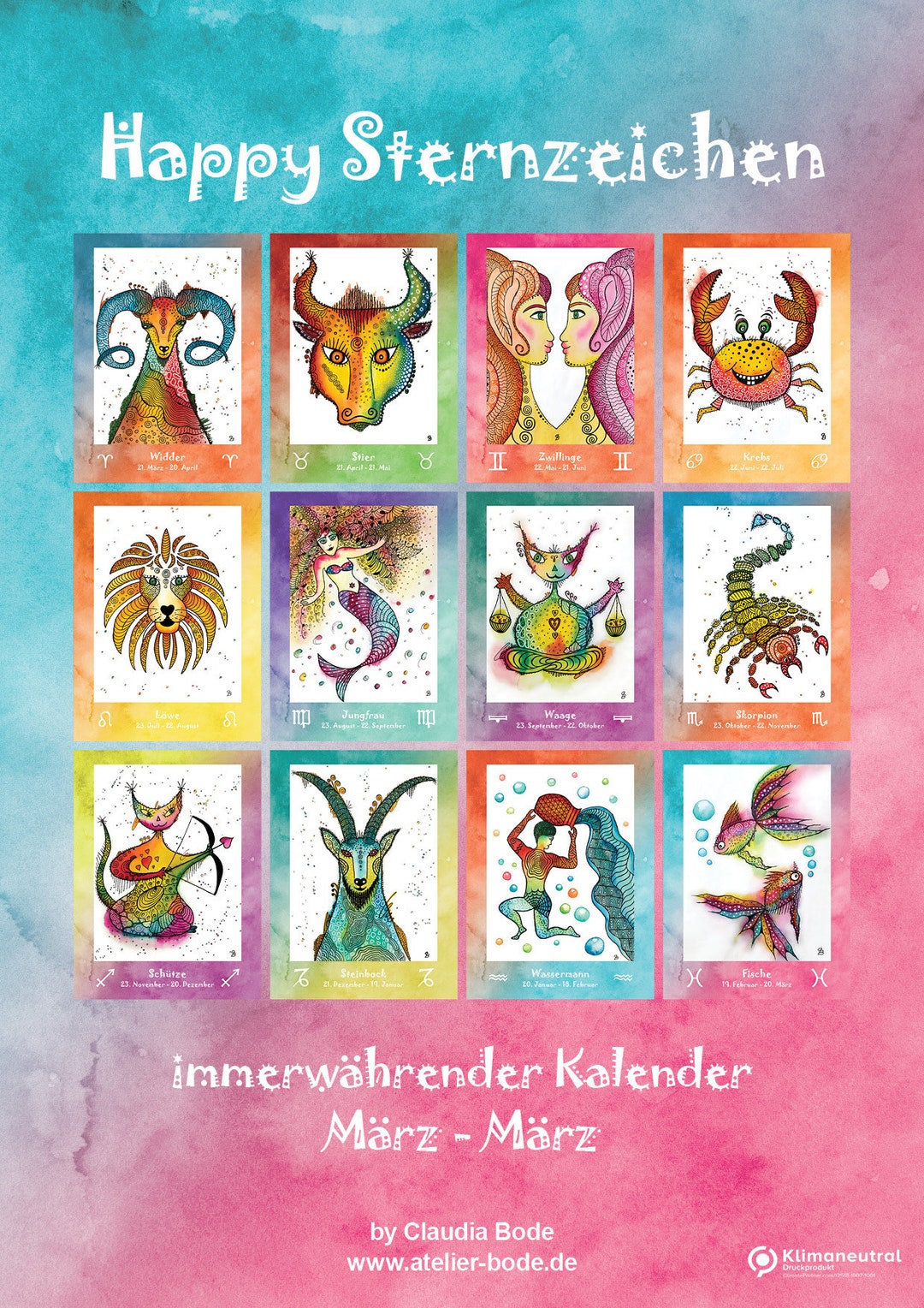 Immerwährender Happy Sternzeichen Geburtstagskalender / Wandkalender