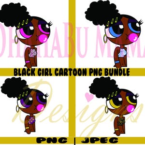 Black girl magic afro puff clipart BUNDLE| Bubble gum black girl cartoon PNG + JPEG set for shirts & tumblers | Black chibi girl download