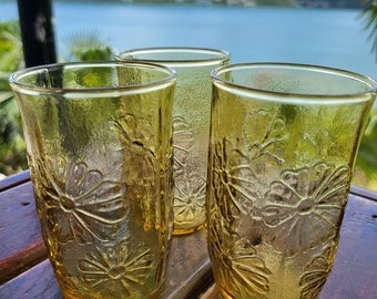 Anchor Hocking Amber Springsong Vintage Juice Glasses Set of 3 Yellow Daisy Juice