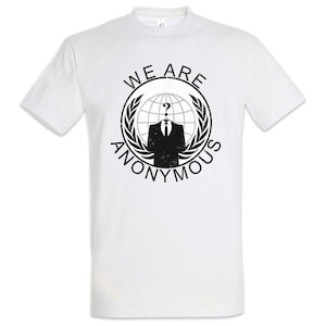 May include: White t-shirt with a black graphic. The design includes the text "WE ARE ANONYMOUS" around a globe with a question mark head and a suit. The graphic has a distressed, vintage appearance.