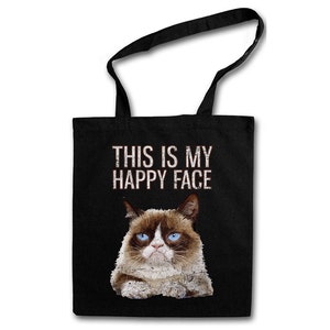 Peut inclure: Sac fourre-tout noir avec une image de chat grognon et le texte "This is my happy face".