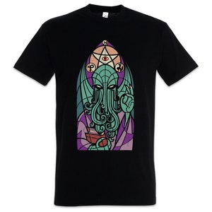 Church of Cthulhu Herren T-Shirt Miskatonic Lovecraft Arkham Dunwich Kathedrale Kirchenfenster Religion Kirchenfenster Cathedral Chapel