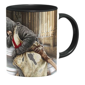 May include: A black and white mug with a graphic of a knight in armor with a red cross on his chest. The knight is standing in a stone hallway with columns.