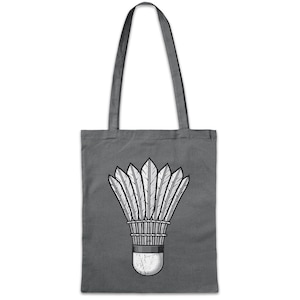 Könnte beinhalten: Eine graue Stofftasche mit einem weißen Badminton-Federball-Design. Der Federball besteht aus Federn und einem runden Korken.