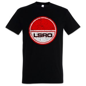 May include: Black crew neck t-shirt with a distressed red and white circular graphic, featuring the letters "LSRO". The graphic has a vintage, worn appearance. A classic, casual style.