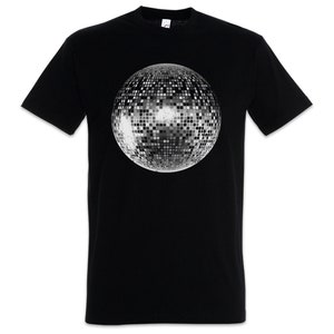 Könnte beinhalten: Ein schwarzes T-Shirt mit einem silbernen Discokugel-Motiv.