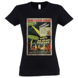 May include: Black t-shirt with a retro movie poster design. The poster shows flying saucers attacking Earth, with the text "Earth vs. The Flying Saucers". The design has a distressed, vintage aesthetic.