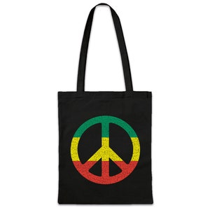 Può includere: Borsa tote nera con un simbolo di pace in rosso, giallo e verde.