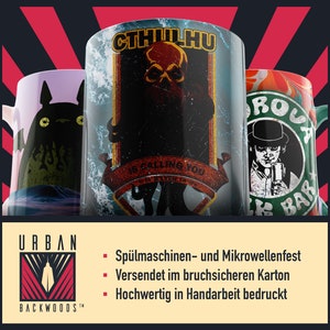 May include: Three ceramic mugs with different designs. The first mug features a cartoon character with large ears. The second mug has a graphic of a creature with tentacles and the text "Cthulhu is calling you". The third mug has a graphic of a man in a hat and the text "Roua Bar".