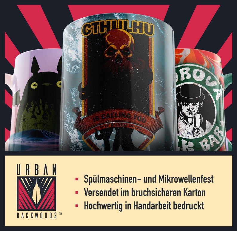 May include: Three ceramic mugs with different designs. The first mug features a cartoon character with large ears. The second mug has a graphic of a creature with tentacles and the text "Cthulhu is calling you". The third mug has a graphic of a man in a hat and the text "Roua Bar".