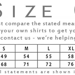May include: White t-shirt with a size chart graphic. The chart displays width and length measurements in cm for sizes S to 5XL. Text includes "SIZE CHART" and "Just compare the stated measurements below..."