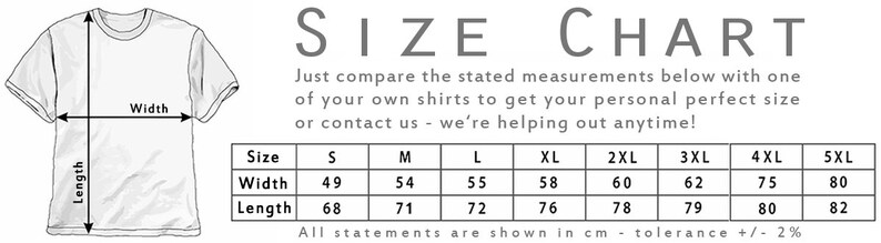 May include: White t-shirt with a size chart graphic. The chart displays width and length measurements in cm for sizes S to 5XL. Text includes "SIZE CHART" and "Just compare the stated measurements below..."