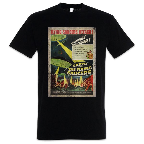 Earth Vs. Flying Saucers I Herren T-Shirt Retro Ufo Fliegende Untertasse Sci Fi Movie Area OVNI Fliegend 51