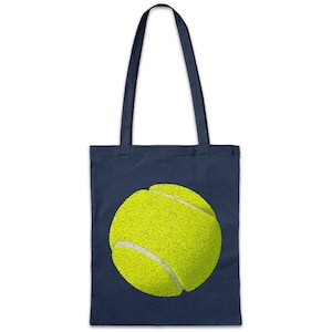Könnte beinhalten: Eine marineblaue Tragetasche mit einem gelben Tennisball-Motiv.