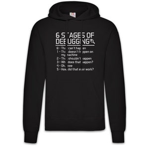 Può includere: Felpa con cappuccio nera con testo bianco "6 Stages of Debugging". Il testo elenca con umorismo le fasi del debug, tra cui "This can't happen" e "How did that ever work?" Un design divertente per programmatori.