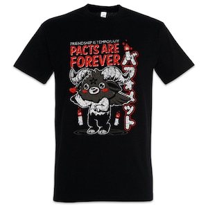 May include: Black t-shirt with a distressed graphic of a cartoon demon with horns, wings, and a heart. The text reads "FRIENDSHIP IS TEMPORARY, PACTS ARE FOREVER" in red and white. Japanese text is also present.