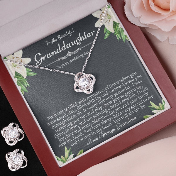 To My Granddaughter on Her Wedding Day, Bride Gift Set from Grandma, Granddaughter Wedding Necklace, Love Knot Earring & Necklace Set