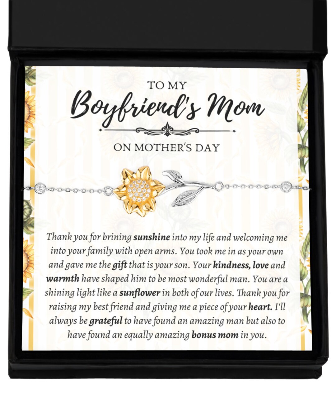Mothers Day Gift for Boyfriend Mom, Sunflower Bracelet Gift for