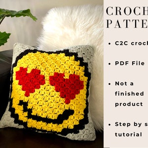 Heart Smiley Face Pillow -Corner to corner Crochet Pattern | C2C crochet pillow | Valentine's Day Crochet pattern |