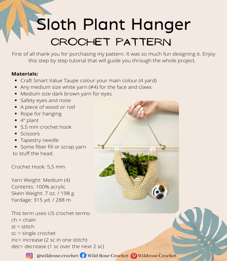 Amigurumi Sloth Plant Hanger Crochet PATTERN - Etsy