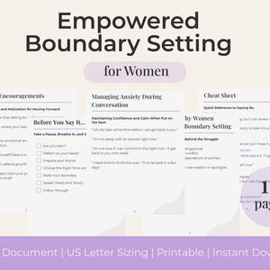 May include: A digital document titled "Empowered Boundary Setting for Women." The document includes sections on managing anxiety, final encouragements, and a cheat sheet. The document is 12 pages and US Letter size.