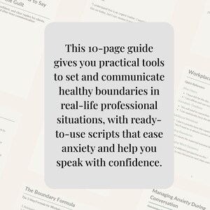 Peut inclure: Un guide de 10 pages avec des outils pratiques pour d&eacute;finir et communiquer des limites saines dans des situations professionnelles. Comprend des scripts pour r&eacute;duire l'anxi&eacute;t&eacute; et parler avec assurance.