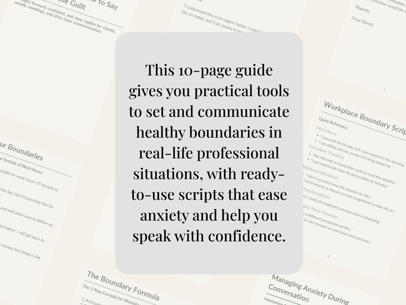 Peut inclure: Un guide de 10 pages avec des outils pratiques pour d&eacute;finir et communiquer des limites saines dans des situations professionnelles. Comprend des scripts pour r&eacute;duire l'anxi&eacute;t&eacute; et parler avec assurance.