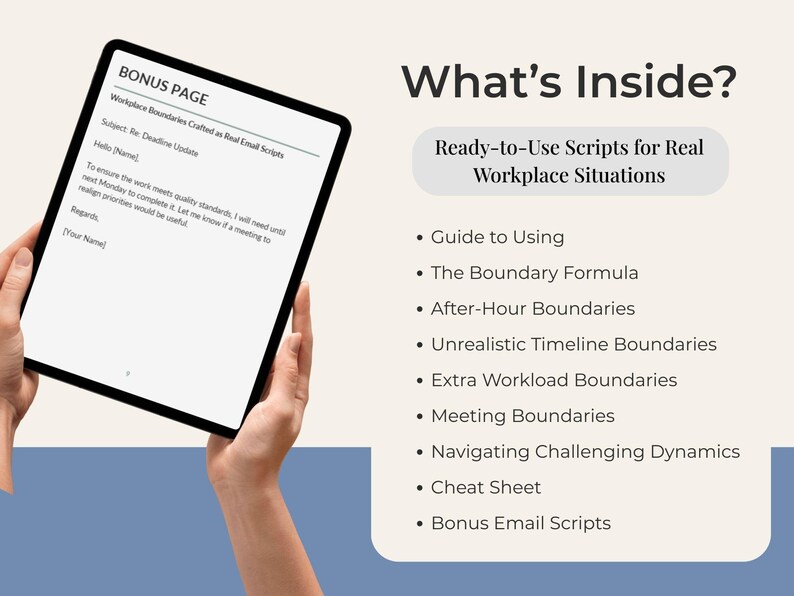 Peut inclure: Une tablette affiche une "PAGE BONUS" avec du texte sur les limites au travail et des scripts d'e-mails. Le c&ocirc;t&eacute; droit &eacute;num&egrave;re "Ce qu'il y a &agrave; l'int&eacute;rieur ?" y compris des scripts pour diverses situations de travail. La tablette est tenue par des mains.
