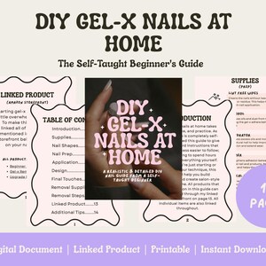 Puede incluir: Una guía digital de 16 páginas titulada DIY Gel-X Nails at Home, que incluye una tabla de contenidos, listas de suministros y texto instructivo. El documento presenta páginas con bordes ondulados, fondos rosas y una portada.
