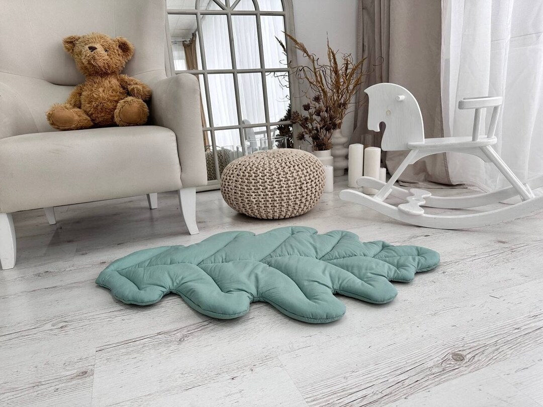 LEAF RUG Montessori Sage Green Mat Oak Leaf Shape Mat Organic Cotton ...