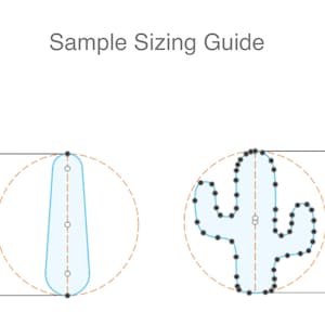 May include: A sample sizing guide for a cactus and a teardrop-shaped design. The designs are outlined in blue and surrounded by a dashed orange circle. The circles are 100 mm in diameter.