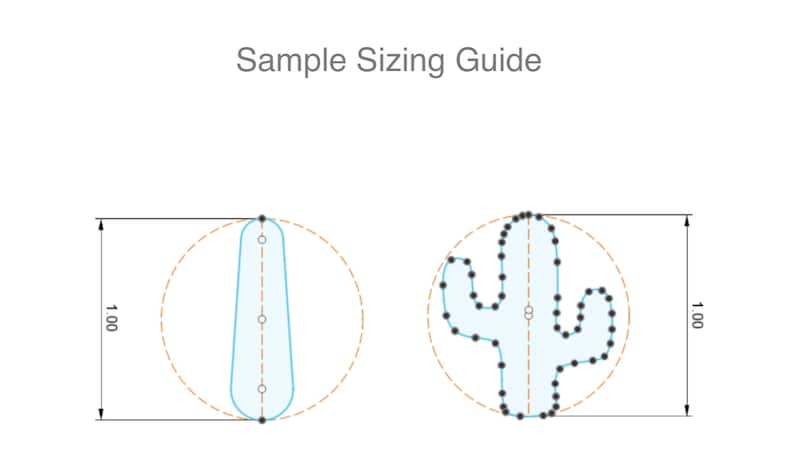 May include: A sample sizing guide for a cactus and a teardrop-shaped design. The designs are outlined in blue and surrounded by a dashed orange circle. The circles are 100 mm in diameter.