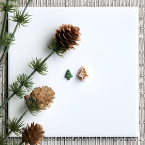 Peut inclure: Deux petites décorations d'arbre de Noël, une verte et une brune, sur un fond blanc. Les décorations sont entourées de branches de pin et de pommes de pin.