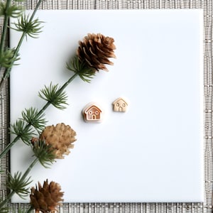 May include: Two small ceramic house-shaped ornaments, one brown and one white, on a white background with a pine branch and pine cones.