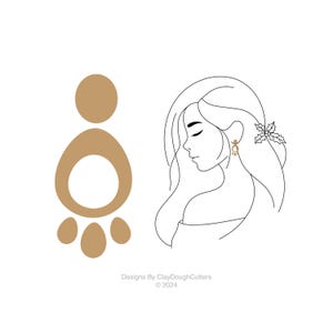May include: A minimalist design featuring a gold-colored earring and a line drawing of a woman wearing a similar earring. The image includes the text "Designs By ClayDoughCutters © 2024".
