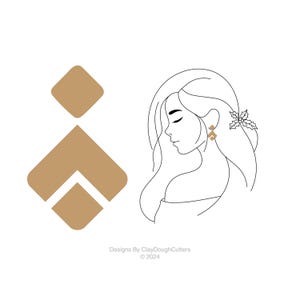 May include: A line drawing of a woman with long hair wearing a pair of geometric earrings. The earrings are made of two stacked brown diamonds. The woman is wearing a simple dress and has her eyes closed. The image is set against a white background.